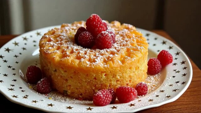 Middle Eastern Semolina Cake Basbousa Namoora Dessert With Raspberries Prepared in a Cozy Kitchen for a Delightful Sweet Treat