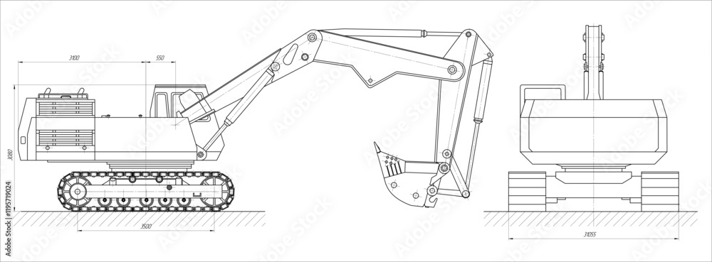 Poster vector earthmoving machine with bucket. technical drawing of tractor. engineering mechanical design 