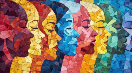 colorful mosaic of human profiles in various vibrant hues, symbolizing diversity and unity. Each face is uniquely textured with overlapping fragments, creating a dynamic and artistic composition