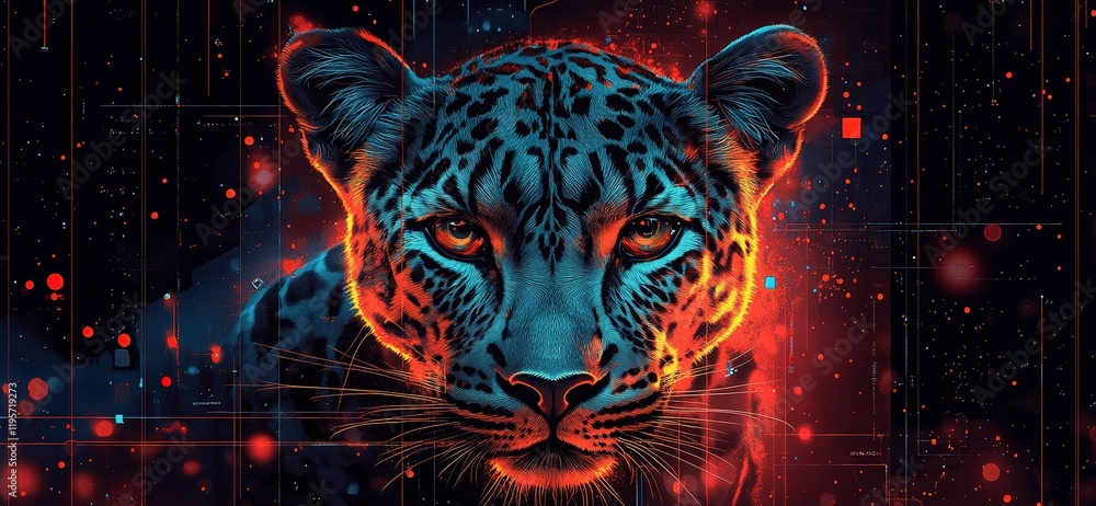 Poster vibrant digital artwork depicting a fierce leopard with abstract background elements and glowing col