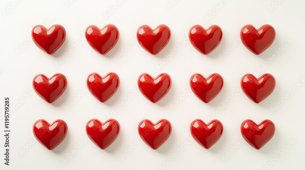 Aufkleber Fifteen shiny red hearts arranged neatly in a grid pattern on a pristine white background creating a striking visual suitable for valentine's day, anniversaries, or romantic celebrations