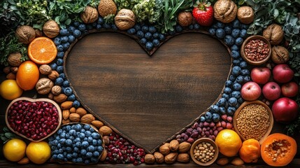 Heart-shaped arrangement of fresh fruits, nuts, and grains on a wooden background, promoting healthy eating