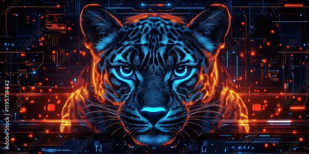 Poster bold digital representation of a jaguar with vibrant patterns and glowing effects against a high-tec