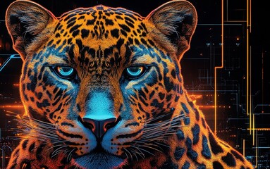 Obraz premium Jaguar portrait featuring vibrant colors and high contrast against a digital backdrop