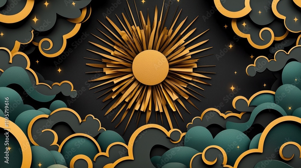Poster sunburst design surrounded by clouds digital art abstract environment artistic perspective creative 