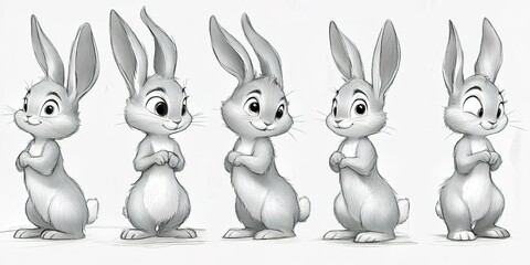 Cute cartoon rabbits in various poses showcasing their playful and curious nature