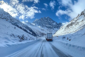 Snowy Mountain Road with Truck