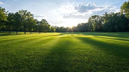 A field soft, verdant grass stretching into the horizon, with the sunlight casting long shadows