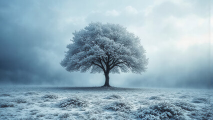 A single, frost-covered deciduous tree stands in a snow-dusted field under a muted, cloudy sky