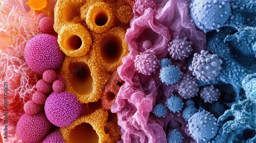 Aufkleber colorful microscopic view of diverse cellular structures in a scientific study setting. generative a