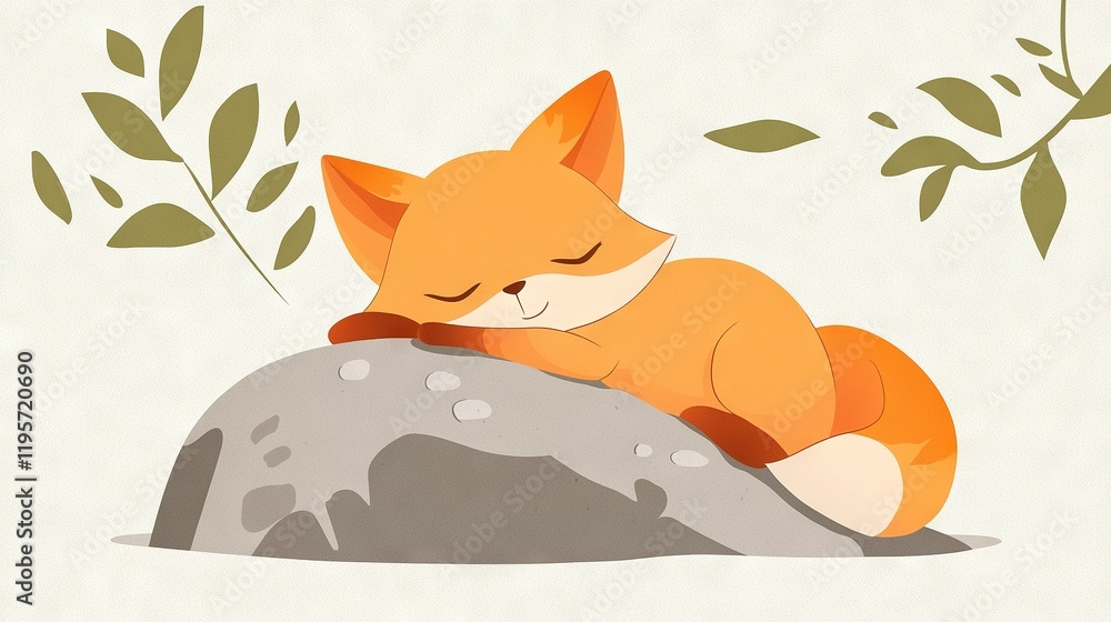 Poster red fox on rock with twig - image of a red fox resting atop a rock beside a leafy twig, against a wa