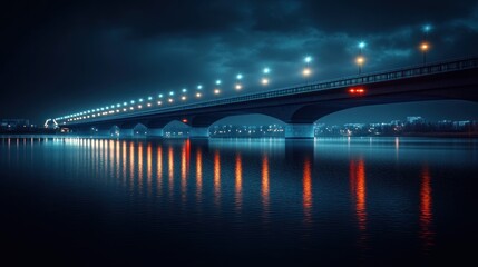 Fototapeta premium Bridge illuminated at night over calm water with reflections and city lights in the background. Generative AI