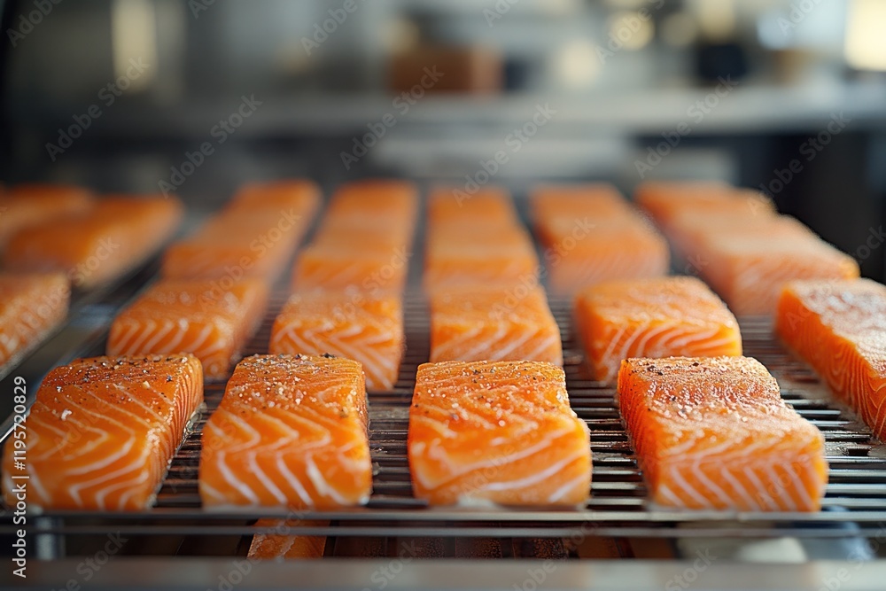 Poster salmon fillets arranged on a grill in a culinary setting at a fish processing facility. generative a