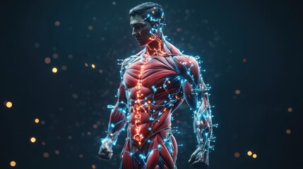 Modern artistic representation of human anatomy with glowing lines and details highlighting muscles. Generative AI