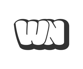 WN logo, bubble comic lettering, rounded in graffiti style black and white silhouette. Trendy preschool W and N letter text for festival party, personal initials, children funky print and web.