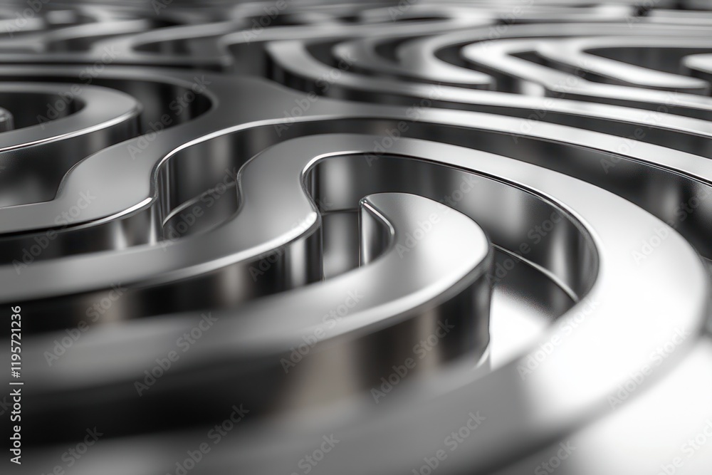 Poster abstract close-up of a metallic labyrinth structure showcasing intricate curves and reflections. gen
