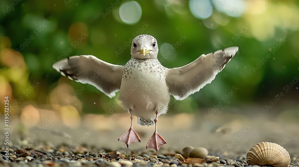 Poster a bird perched on gravel grounds, surrounded by trees and a shell in the foreground