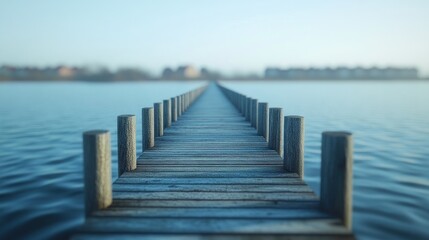 Fototapeta premium Wooden dock extending into calm water at sunrise, surrounded by peaceful landscape. Generative AI