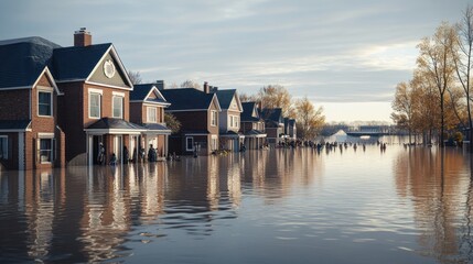 Fototapeta premium Houses partially submerged in floodwaters with people navigating the area amidst rising water levels. Generative AI