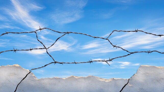 Close-up view of barbed wire fence emphasizing security measures at a military base with a dramatic cloudy sky in the background