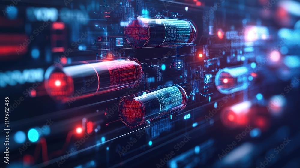 Poster digital abstract representation of capsules and technology in vibrant red and blue hues. generative 