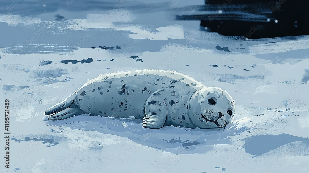Poster a seal rests on snow during a sunny day while a boat floats in the foreground and another one is vis