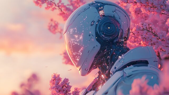 Robot stands amid blooming cherry blossoms at sunset with a serene expression in a futuristic landscape. Generative AI