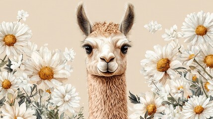 Fototapeta premium A llama painting in a daisy field with daisy background