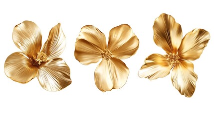 Three golden flowers, isolated, white background, design element