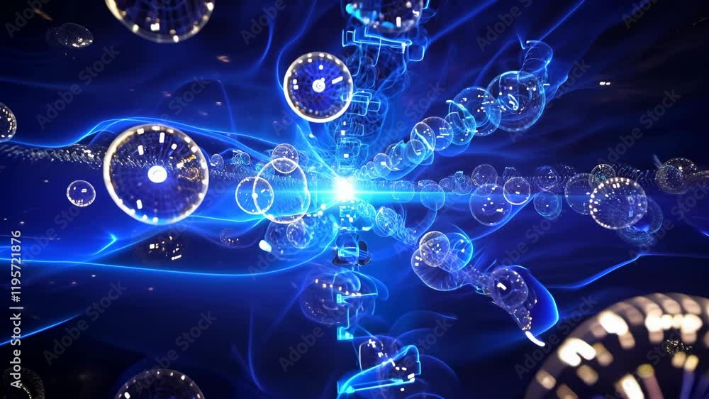 Poster colorful digital spheres float through a dynamic blue space, showcasing an intricate web of luminous