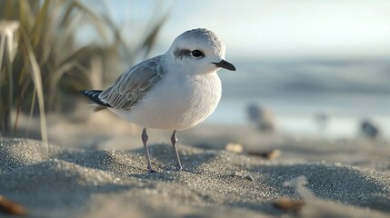 Fototapeta premium Close-up of small white bird on sandy beach, seagulls in background