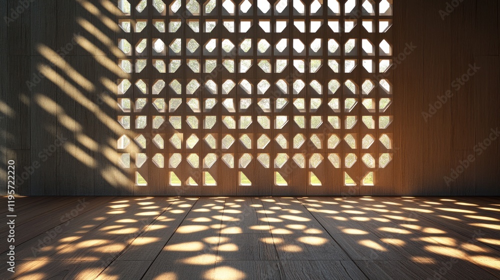 Poster intricate patterns of light and shadow cast through decorative lattice in a serene interior space. g