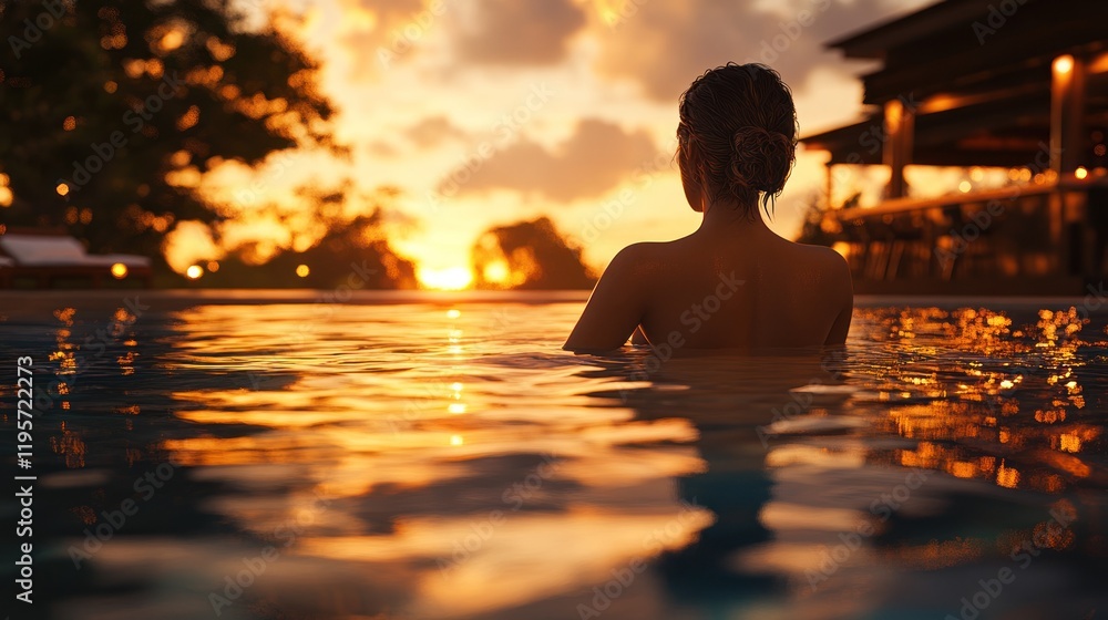 Poster enjoying a tranquil sunset in a pool while surrounded by nature at an outdoor setting. generative ai