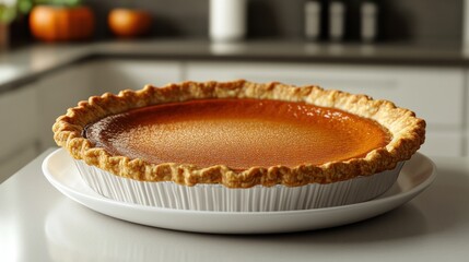 Pumpkin pie freshly baked on a plate in a modern kitchen with warm autumn decor and a cozy atmosphere. Generative AI