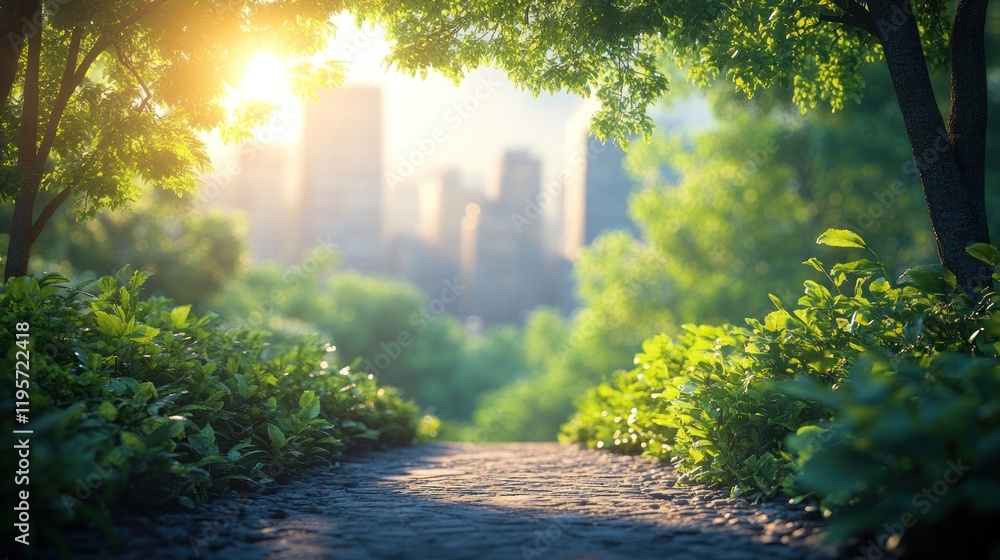 Aufkleber sunlight filters through trees onto a cobblestone path leading to a city skyline at dawn. generative