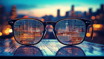 Stylish eyeglasses reflecting a city skyline at twilight.  The digital matrix effect creates a futuristic, technological feel. Perfect for concepts of urban life, innovation, or data visualization.