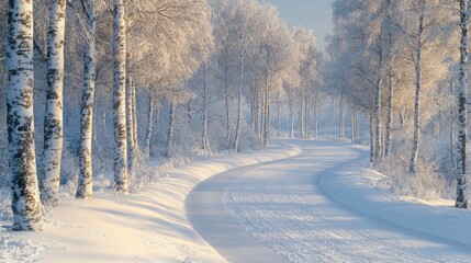 Obraz premium Snow-covered winding road through birch trees on a bright winter day in a peaceful landscape. Generative AI