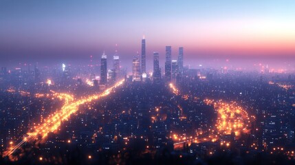 Fototapeta premium City skyline illuminated at dusk with vibrant lights and towering skyscrapers. Generative AI