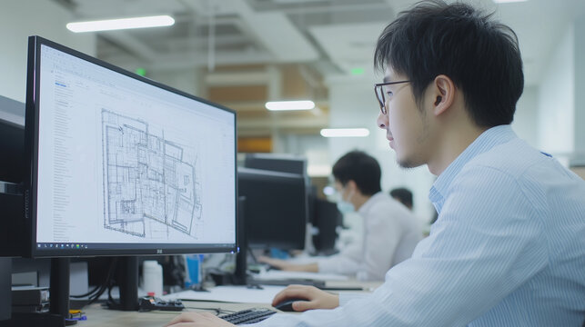 Young professional asian engineer sitting in modern office. Computer screen, which displays 3D modeling software, construction projects. Office environment, other colleagues working at desk. Chinese, 