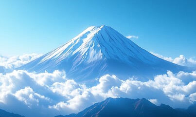 the snow-capped peak of Mount, with the clear blue sky highlighting the mountain’s