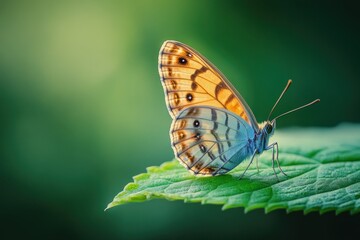 Obraz premium Butterfly perched on a vibrant green leaf in a serene natural setting during golden hour light. Generative AI