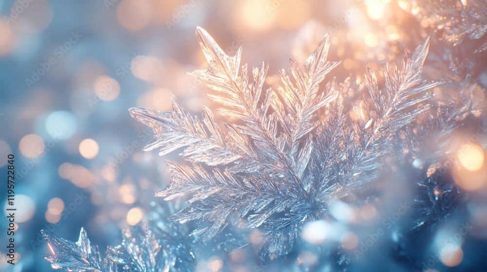Poster intricate frost patterns glisten in soft light during a winter morning. generative ai