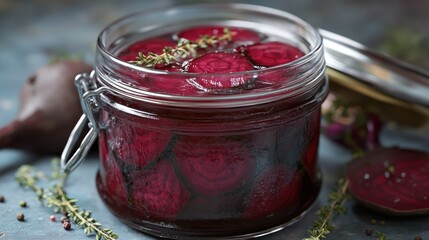 Delicious homemade pickled beets in a glass jar with herbs on a rustic background. Generative AI
