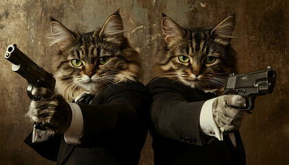Two cats dressed in suits with pistols, one cat wearing a suit and the other
