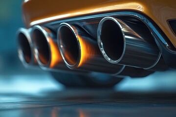 Four chrome exhaust tips reflecting light beneath a sleek yellow sports car parked indoors. Generative AI