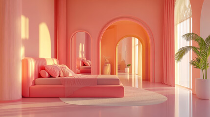 "A 3D rendering animation of a bedroom interior, showcasing a trendy modern design. The room features stylish furniture, minimalist decor, and contemporary elements, creating a visually appealing 