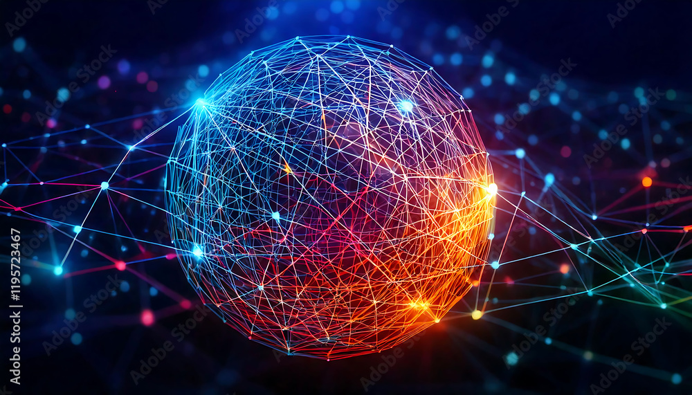 Poster stunning abstract image of a glowing sphere connected by vibrant lines, ideal for illustrating conce