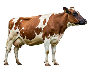 A full body side view portrait of a dairy cow with a brown and white spotted coat, standing on a white background.