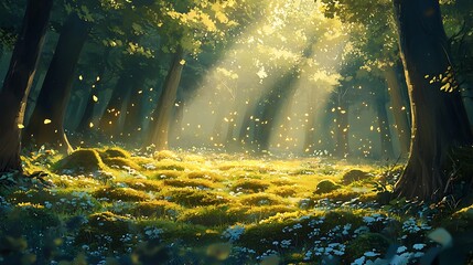 A forest clearing with a soft carpet moss, illuminated by beams golden sunlight