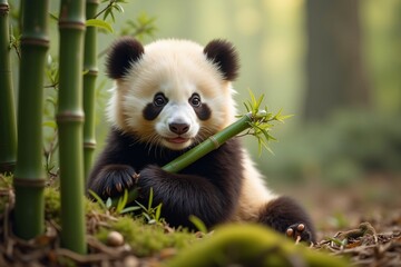 Capture a baby panda eating bamboo, sitting comfortably with a relaxed pose. Focus on its fluffy fur, peaceful expression, and natural setting, highlighting the adorable innocence of the young panda